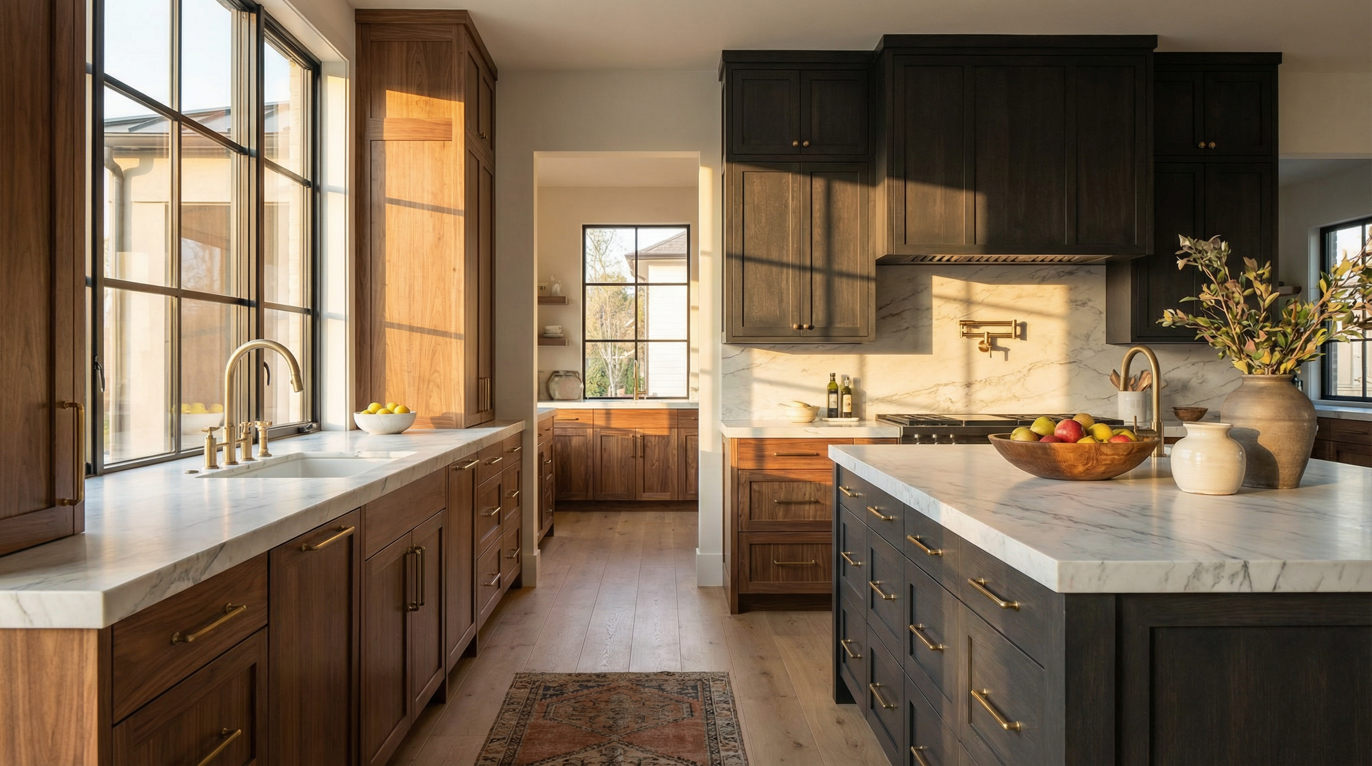 Luxury custom kitchen with warm wood cabinetry and marble countertops